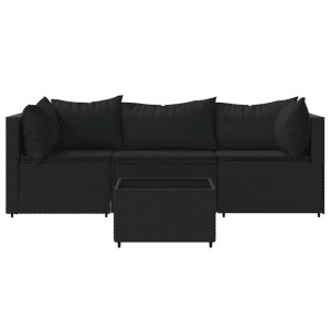 Schwarzes 4-tlg. vidaXL Garten-Lounge-Set aus Rattan mit Kissen und Tisch.