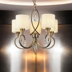 Licht-Erlebnisse Kronleuchter mit Schirm 52 cm Breit 5x E14 in Messing Antik Natur Klassisch