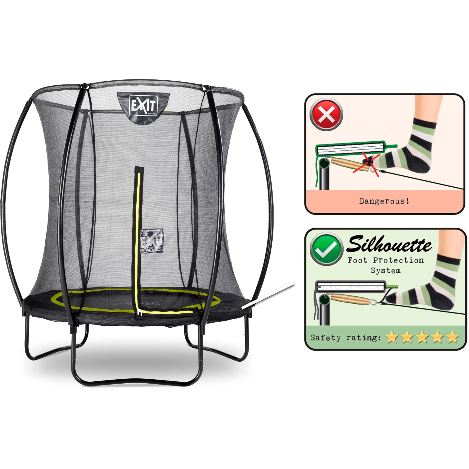 Schwarzes EXIT Silhouette Trampolin D183cm mit Sicherheitsnetz und Fußschutzsystem.