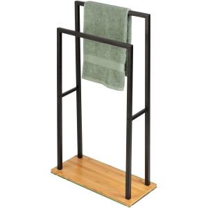 Wenko Handtuchständer Bambusa mit Handtuch, Stahl schwarz, Bodenplatte Bambus