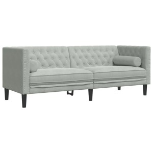 3-tlg. Chesterfield Sofa-Set in Hellgrau Samt mit Nackenrollen.