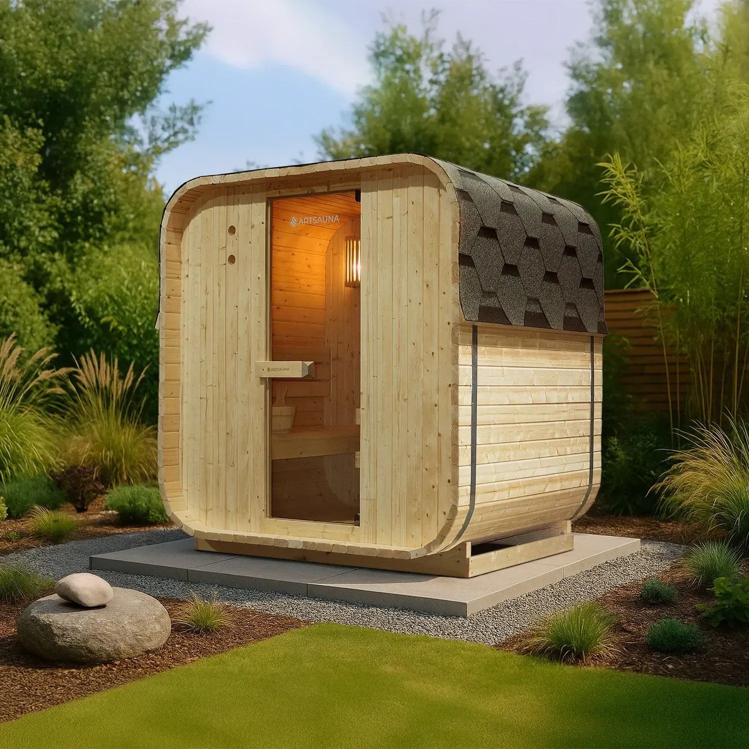 Artsauna Cube Fasssauna Nolvik M aus Fichte mit Dachschindeln im Garten.