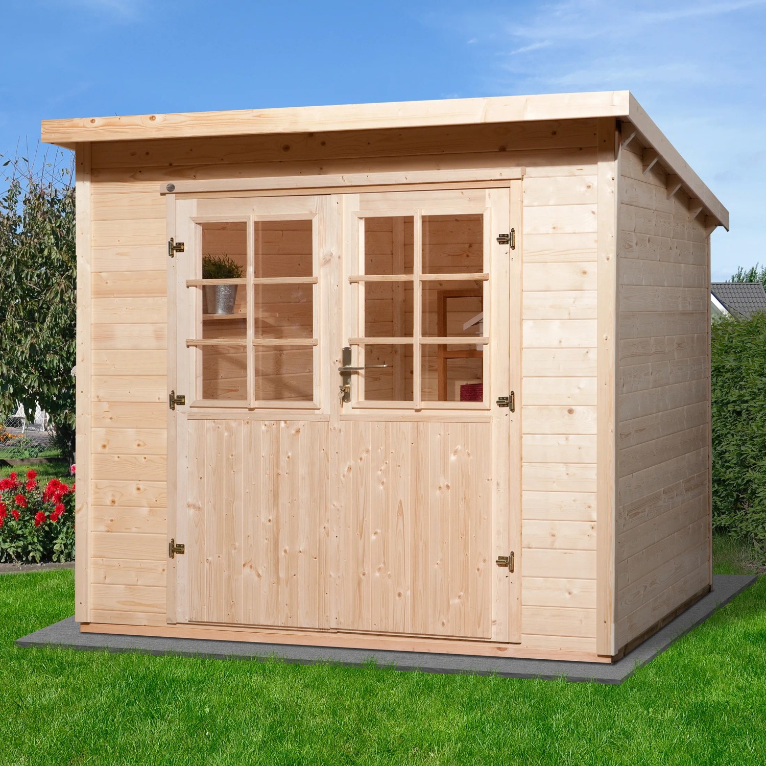 Weka Holz-Gartenhaus Taro A Natur, 235x240, mit Doppeltür und Pultdach. Gartenhaus mit Schneelast 1,5 kN/m².