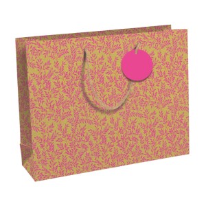 Clairefontaine Geschenktasche Shopper Neon mit neonpinkem Blumendesign auf goldenem Hintergrund, Seilgriffen und Etikett.