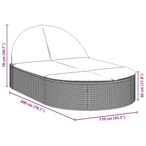 Skizze einer schwarzen Doppel-Sonnenliege aus Rattan mit Maßen und cremefarbenen Kissen.