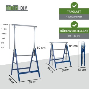 TRUTZHOLM Arbeitsbock 2er-Set, blau, Stahl, höhenverstellbar bis 400 kg, für Werkstatt & Baustelle.