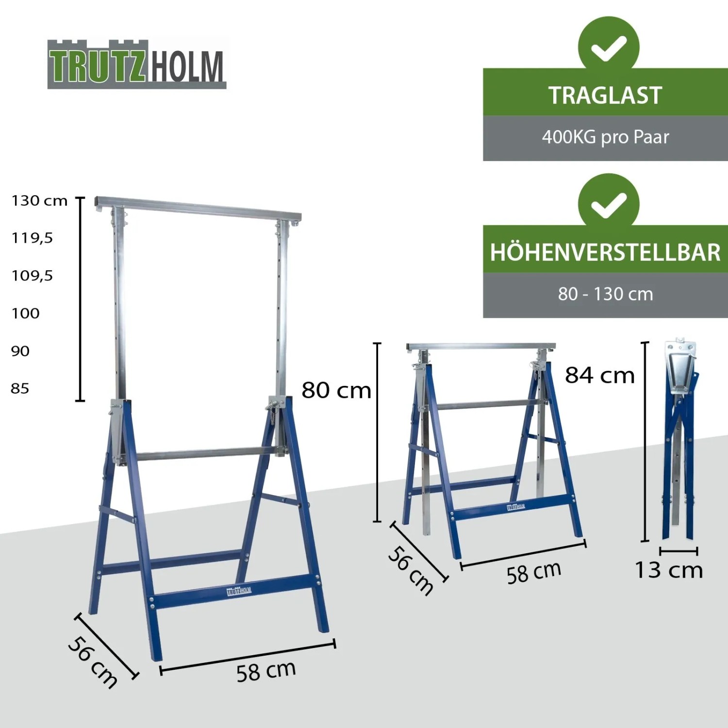 TRUTZHOLM Arbeitsbock 2er-Set, blau, Stahl, höhenverstellbar bis 400 kg, für Werkstatt & Baustelle.