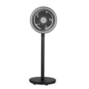 Schwarzer Midea Luftzirkulationsventilator mit Doppelrotorblatt und höhenverstellbarem Standfuß.