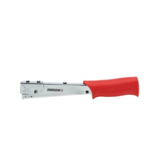Arrow Hammertacker HT19 für Feindrahtklammern, verchromtes Stahlgehäuse mit rotem Griff.