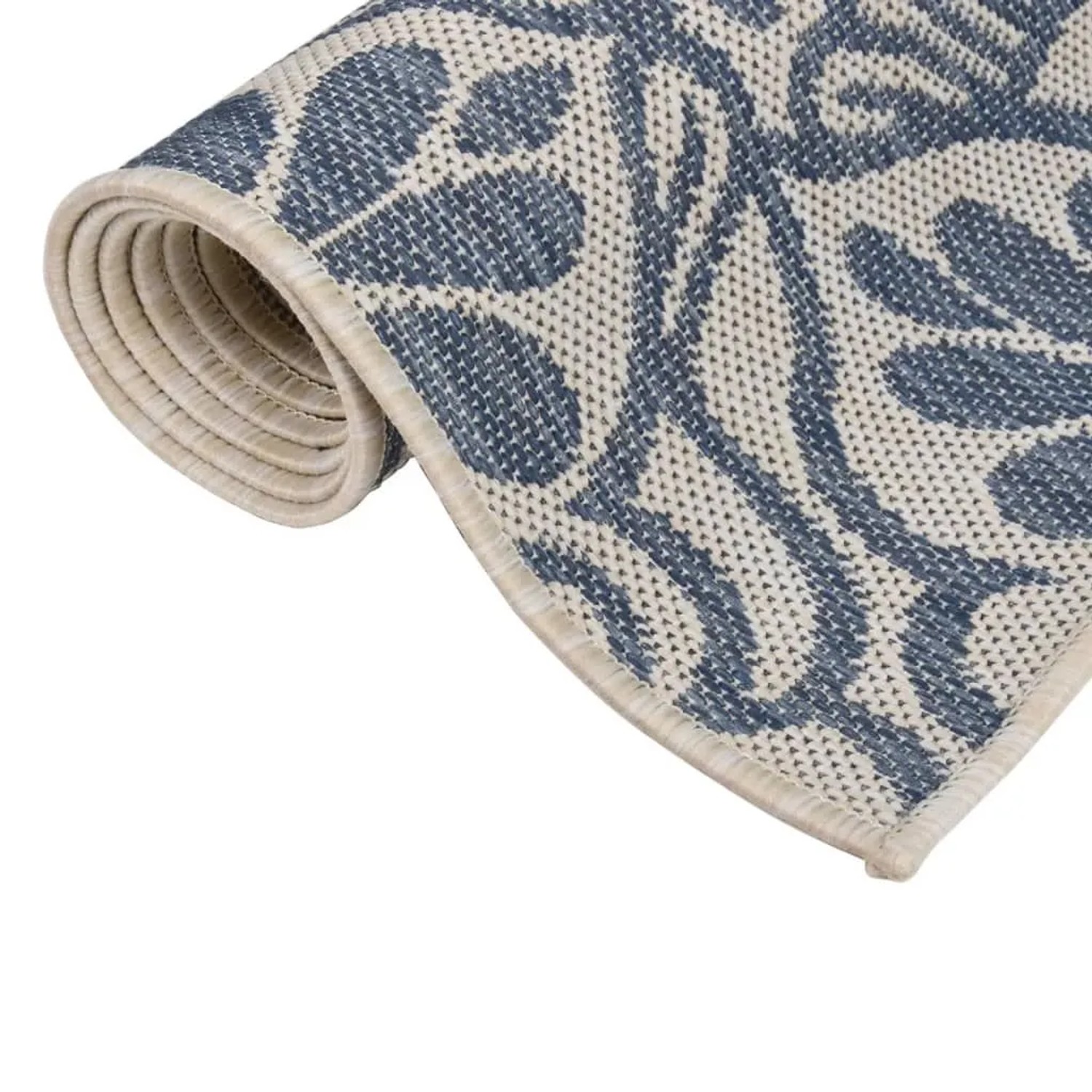 Gerollter vidaXL Outdoor-Teppich Flachgewebe mit blauem Blattmuster auf hellem Grund. Robuster Teppich für Terrasse.