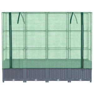 Dunkelgraues vidaXL Hochbeet mit Gewächshaus-Aufsatz in Rattan-Optik.