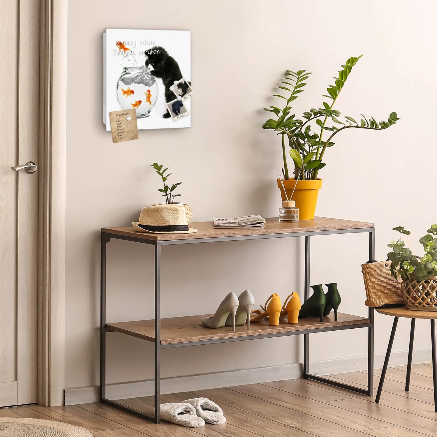 Weißer Schlüsselkasten Glas 30x30cm mit Katzen- und Fischmotiv, Magnettafel, beschreibbar.