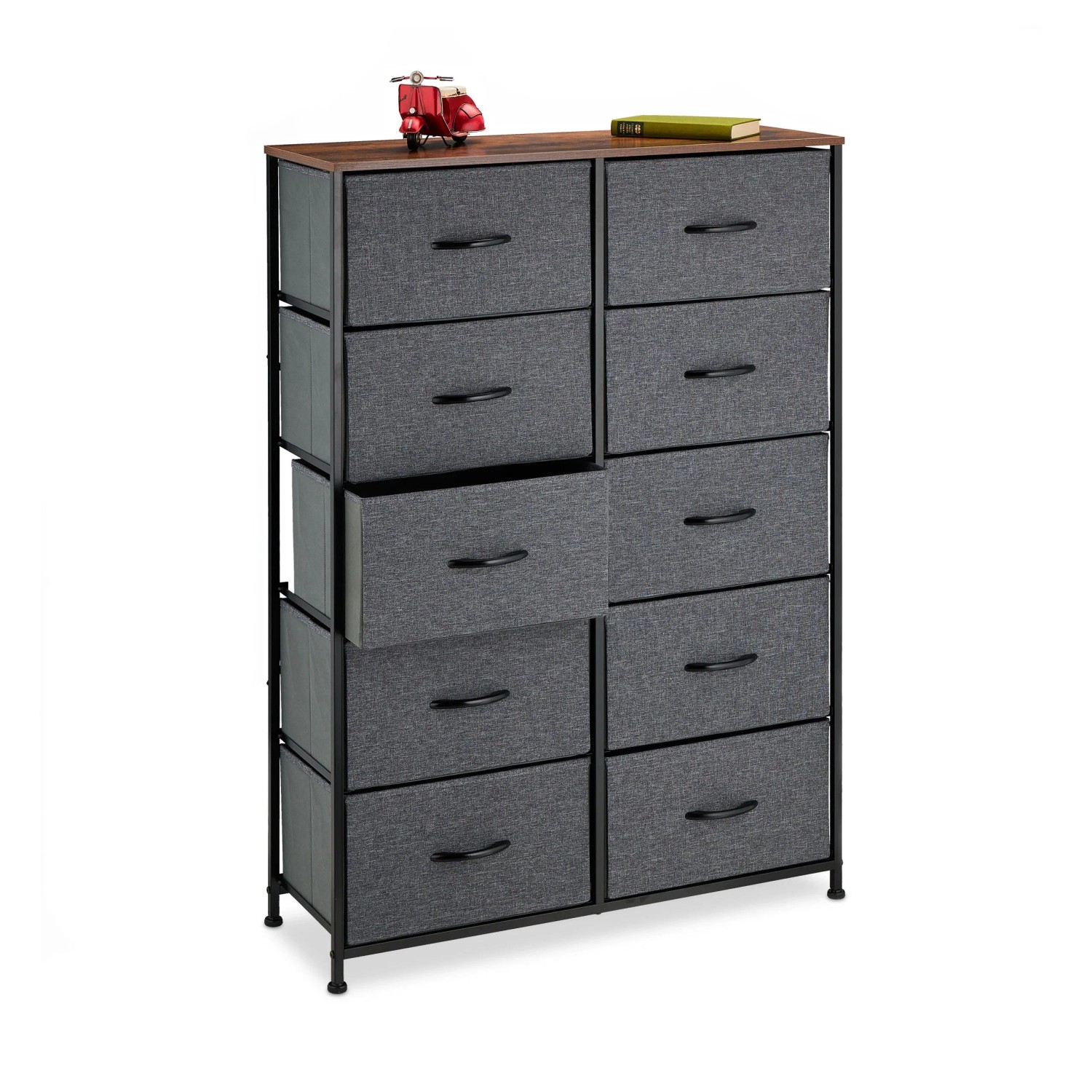 Relaxdays Kommode Stoff Stahl MDF Dunkelgrau Dunkelbraun Schwarz mit 10 Schubladen Höhenverstellbar 120 cm x 85,5 cm x 30 cm