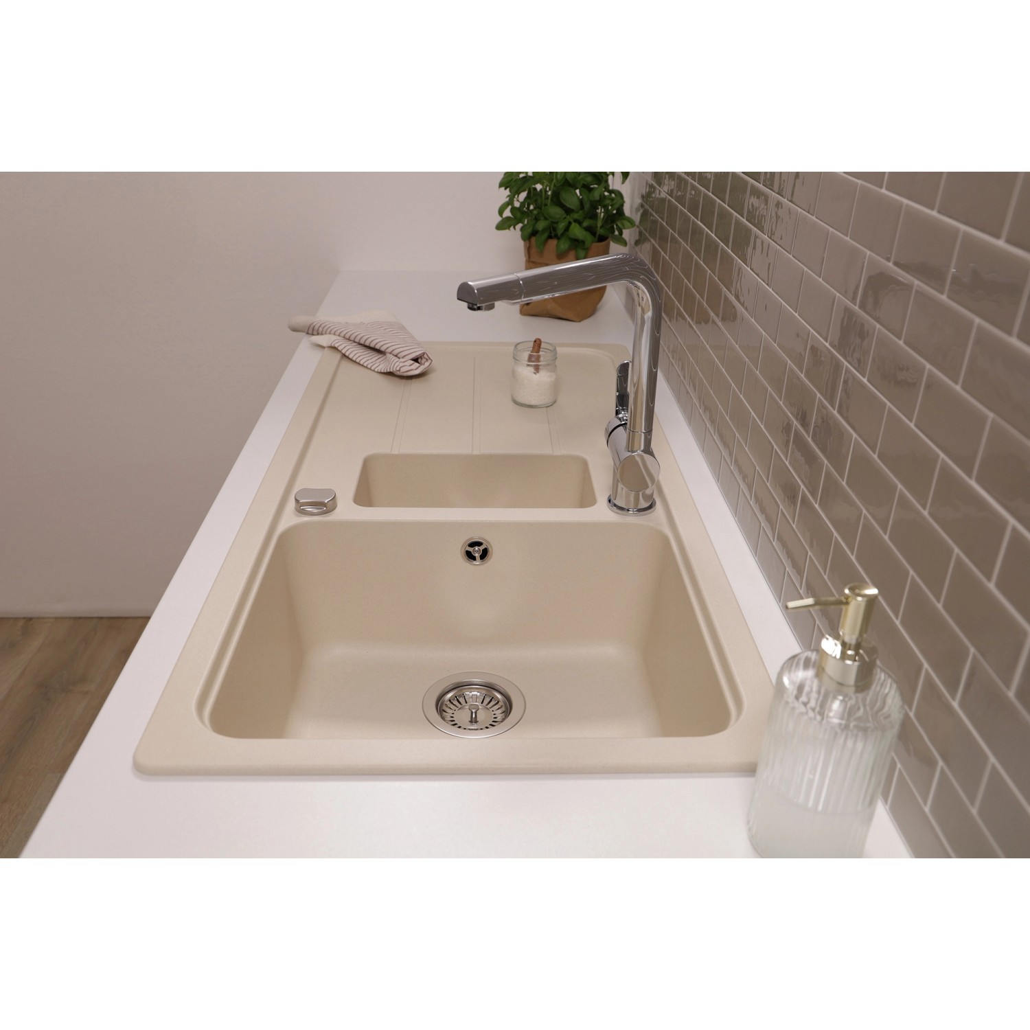 Respekta Einbauspüle Massivgranit Austin 100 cm x 50 cm mit Zusatzbecken Vanile_11