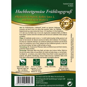 Saatband Quedlinburger Hochbeetgemüse Frühlingsgruß mit Pflücksalat, Radieschen und Möhren.