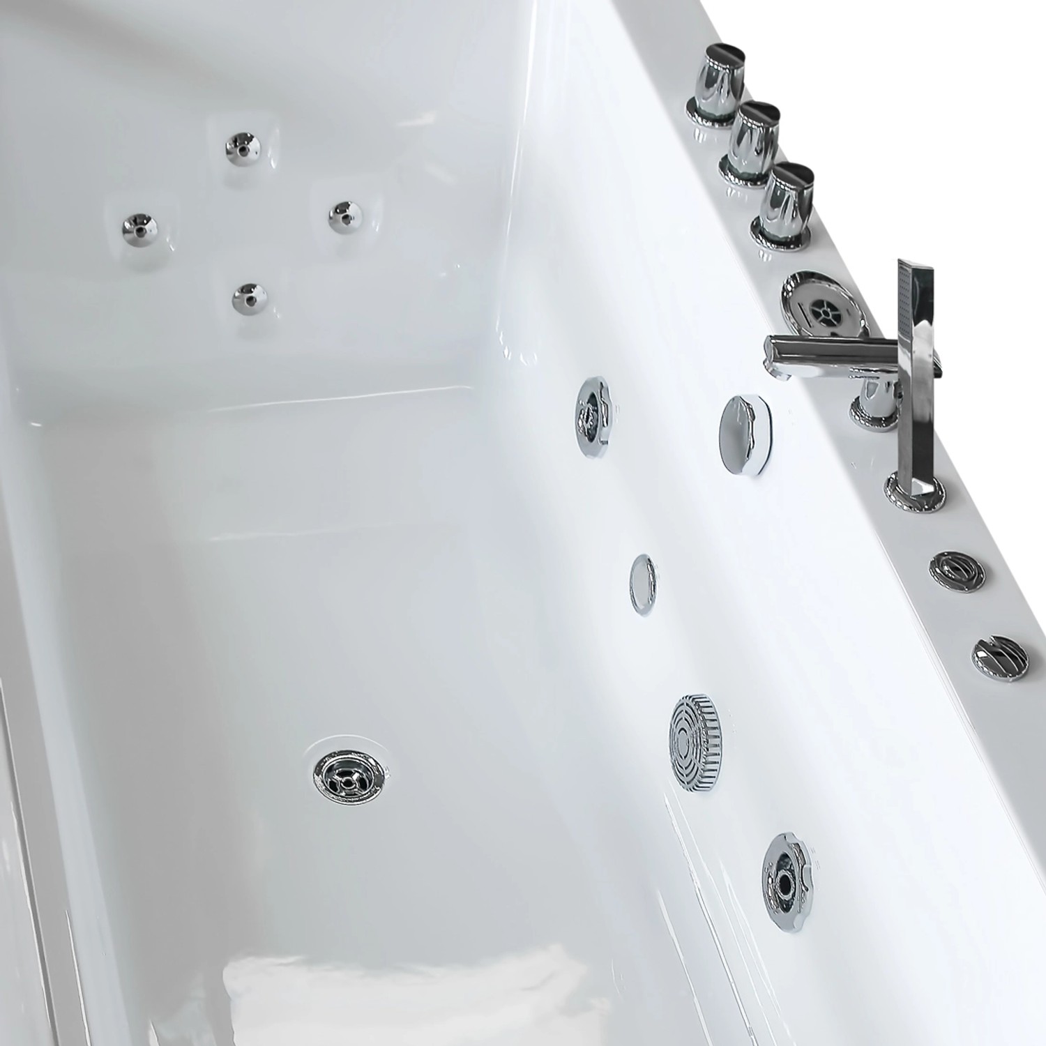 Detailansicht der AcquaVapore Whirlpool Badewanne W83R-TH-B mit Armaturen und Düsen.