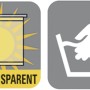 Piktogramme: Halbtransparenter Fenstervorhang und Handwäsche-Symbol.