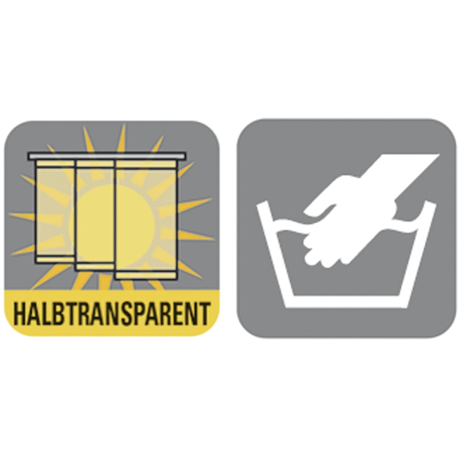 Piktogramme: Halbtransparenter Fenstervorhang und Handwäsche-Symbol.