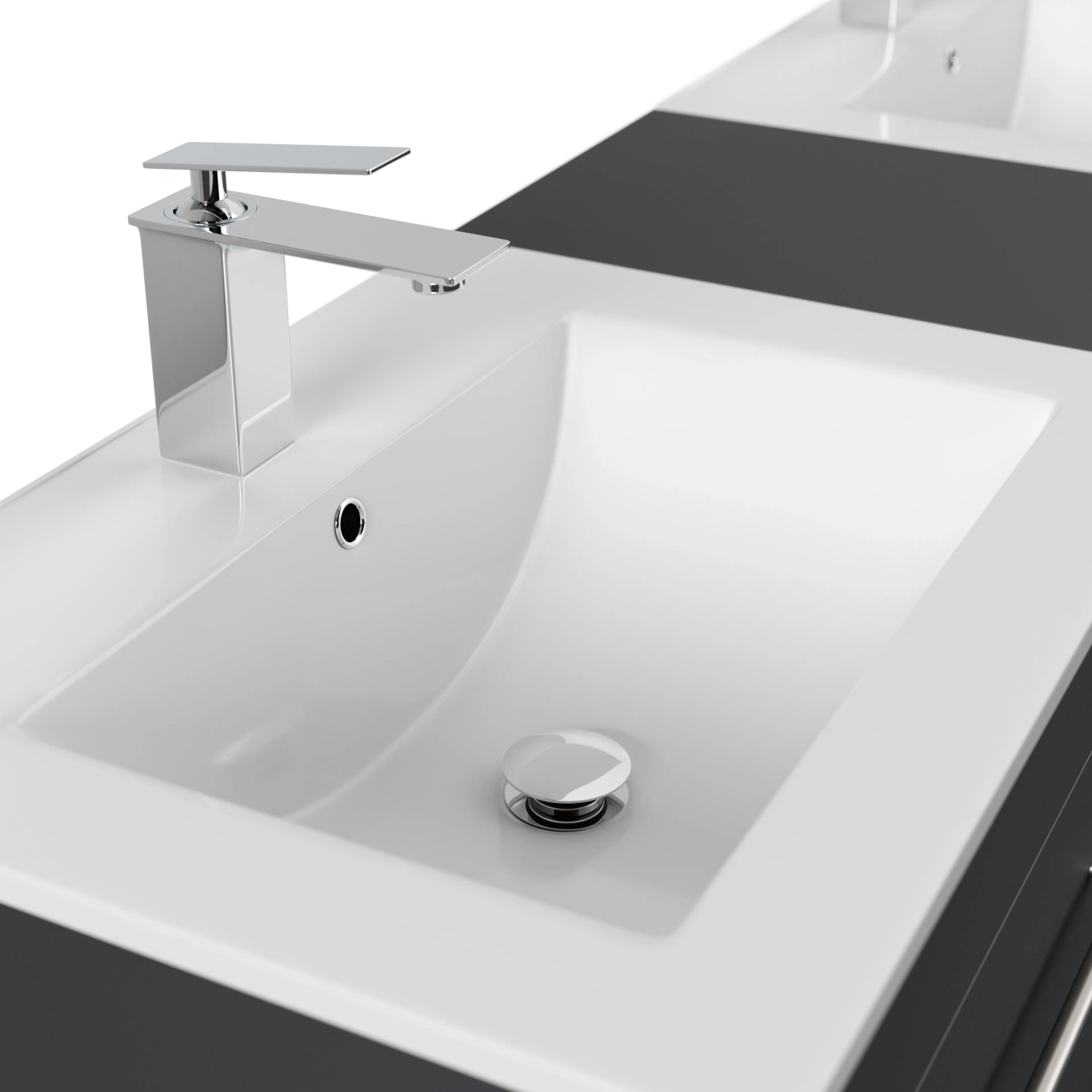 Detailansicht des Posseik Badmöbel Nero XL in Grafit mit Waschbecken und Armatur.