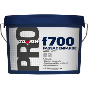 Eimer Tauris Pro f700 Fassadenfarbe, Weiß matt, 10 Liter. Für langlebige Fassadenanstriche.