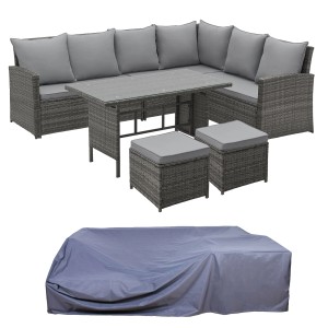 Graues Svita Monroe Garten Lounge Set aus Polyrattan mit Abdeckhaube, Tisch, Ecksofa und Hockern.