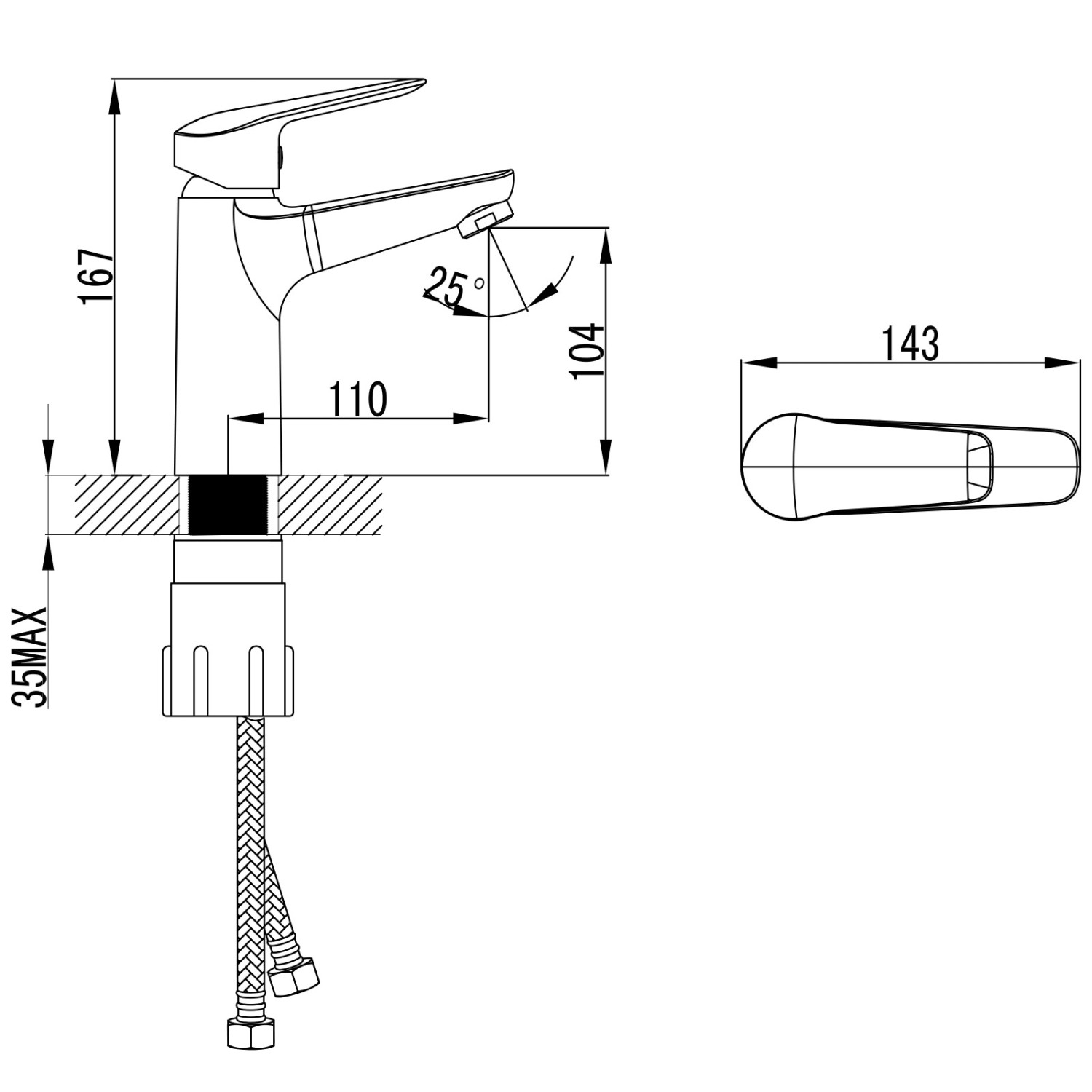Skizze einer PaulGurkes Waschtischarmatur mit Maßen. Design Wasserhahn für Waschbecken.