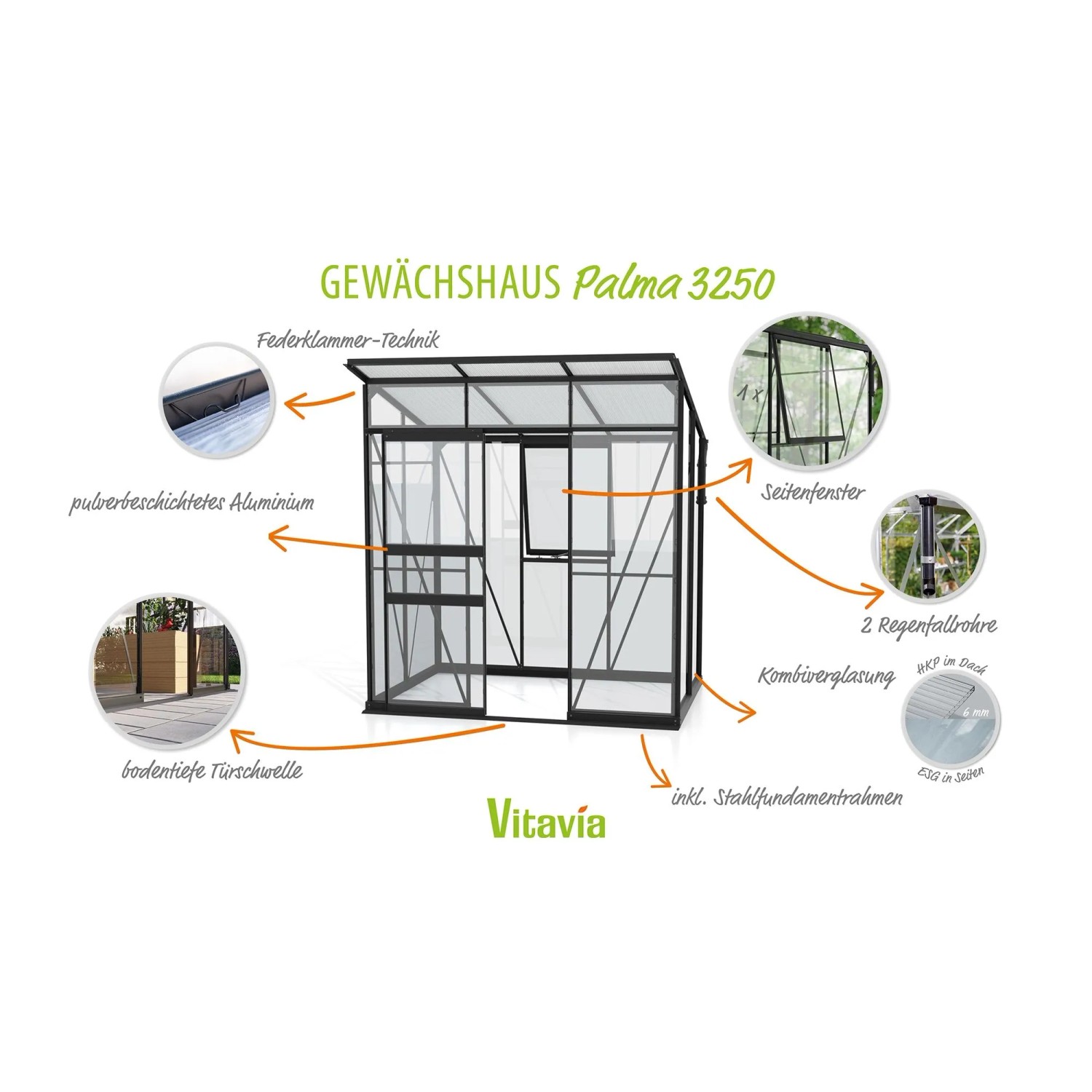 Vitavia Gewächshaus Palma 3250, schwarz, 3,2 m² mit Fundamentrahmen. Garten Gewächshaus mit Seitenfenster und Schiebetür.