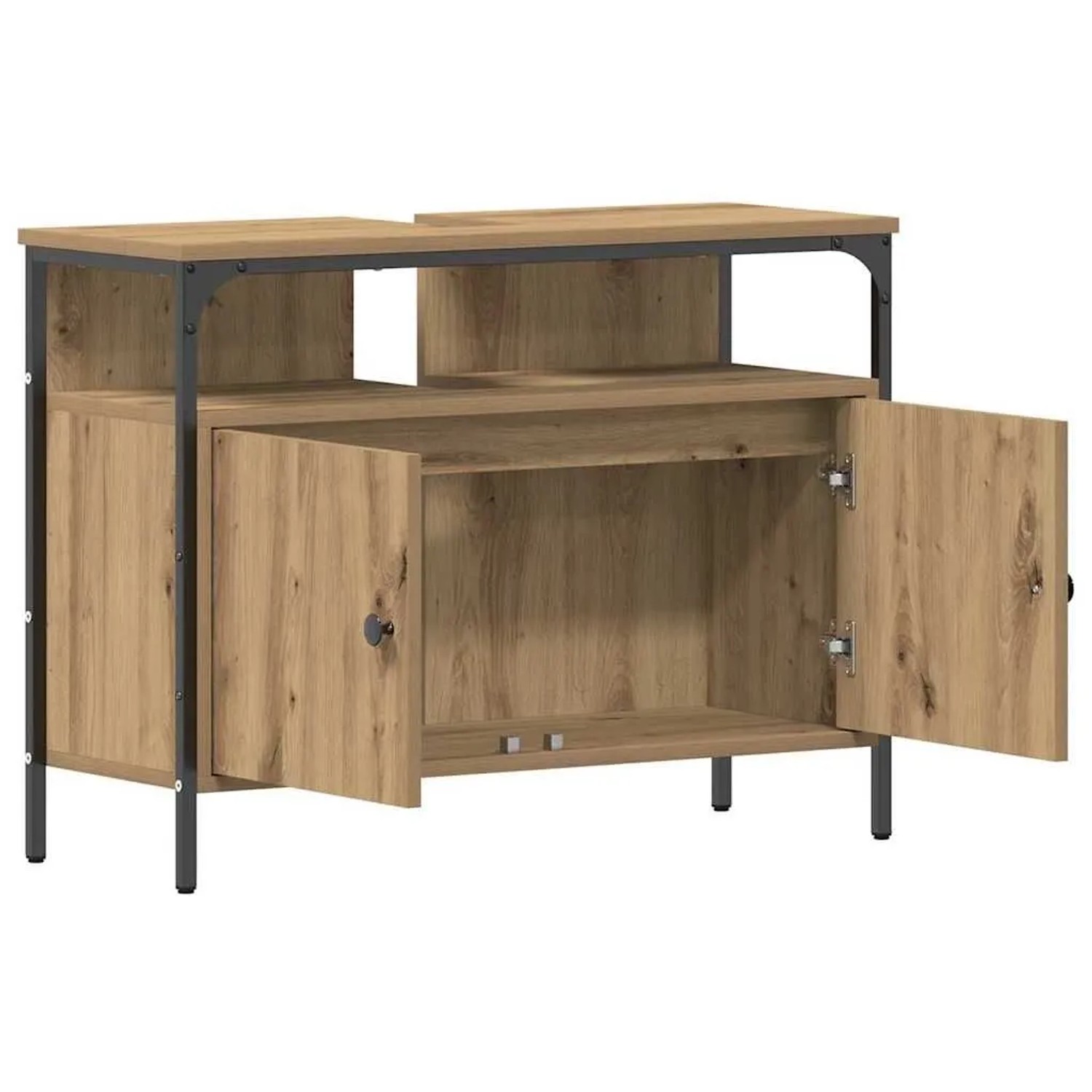 vidaXL Waschbeckenschrank Artisan-Eiche, Holzwerkstoff, schwarzer Stahlrahmen, 2 offene Türen, Aussparung oben.