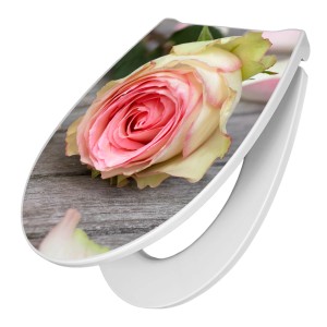 WC-Sitz mit Absenkautomatik und Rosa Rose Motiv auf Holzoptik, Premium Toilettendeckel von Banjado.