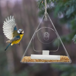 Relaxdays Vogelfutterhaus für Fenster Dreieckig Acryl Metall Transparent Mit Saugnapf 24 cm x 12,5 cm x 12 cm 0,12 kg