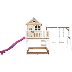 Axi Liam Spielhaus mit Doppelschaukel, braun-weiß mit lila Rutsche. Spielturm mit Sandkasten und Schaukel.