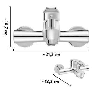 Chromfarbene baliv Wannenarmatur WA-5060 mit Maßen, Aufsicht und Seitenansicht.