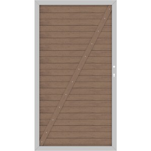 Sichtschutzzaun Tor WPC Classic Mandel/Silber, DIN links, 98x180cm. Holztor mit Metallrahmen.