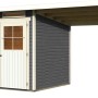 Karibu Holz-Gartenhaus Genf 3 terragrau mit Anbaudach und Doppeltür.