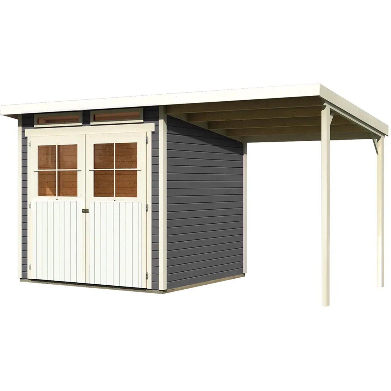 Karibu Holz-Gartenhaus Genf 3 terragrau mit Anbaudach und Doppeltür.