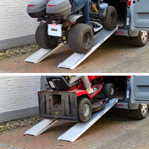 Zwei stabile, geriffelte Aluminium Schwerlastrampen (200cm) zum Verladen von Quad oder Rasenmäher in einen Transporter.