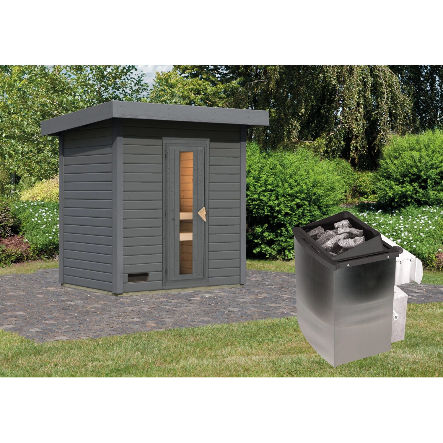 Karibu Saunahaus Arvi 1 Set mit Ofen (9 kW) in Terragrau. Inklusive Saunaofen mit Steinen.