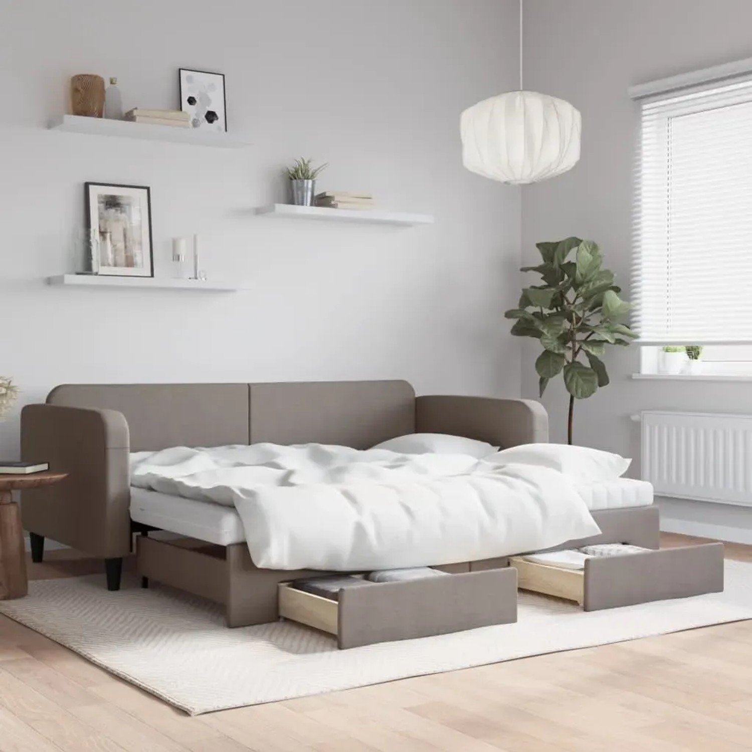 Ausziehbares vidaXL Tagesbett in Taupe mit Schubladen, Stoffbezug, als Sofa und Bett nutzbar.