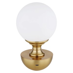 Globo LED-Tischleuchte Tabina, 21 cm, Messing matt, mit weißem Lampenschirm.