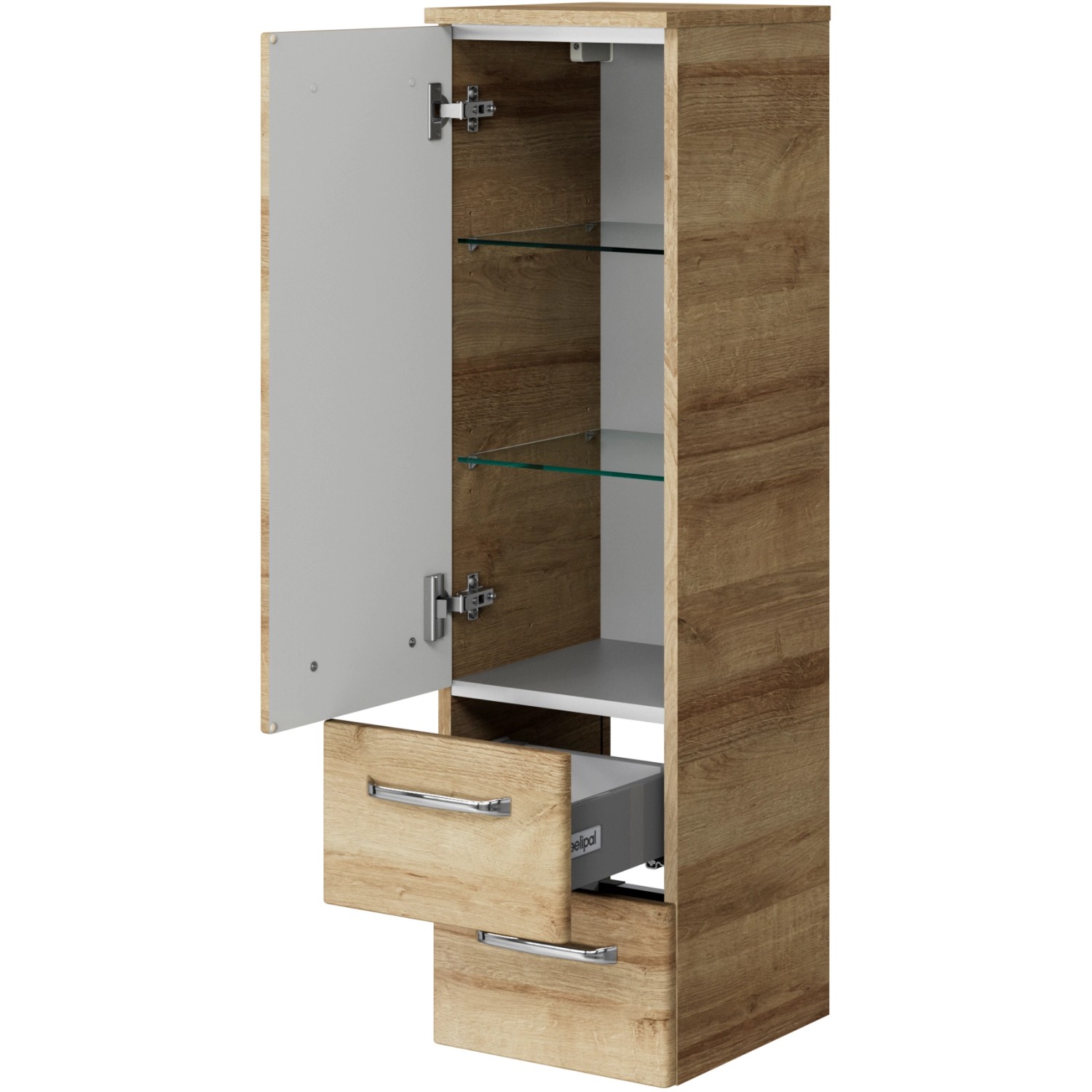 Pelipal Trentino Badmöbel-Set: Midischrank in Riviera Eiche mit Glasböden und Schubladen.