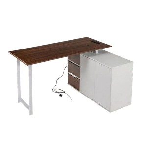 L-förmiger, brauner Costway Schreibtisch mit 3 Schubladen, 2 Türen und weißem Gestell.