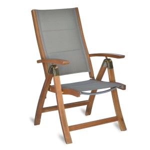 Merxx Acapulco Klappsessel aus Akazie mit grauem Textilbezug, 5-fach verstellbar.