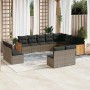 Graue 12-tlg. vidaXL Garten-Sofagarnitur aus Polyrattan mit dunklen Kissen.
