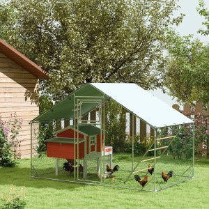 PawHut Hühnerstall mit Stahlrohrrahmen, Stahlgitter und rotem Hühnerhaus im Garten.