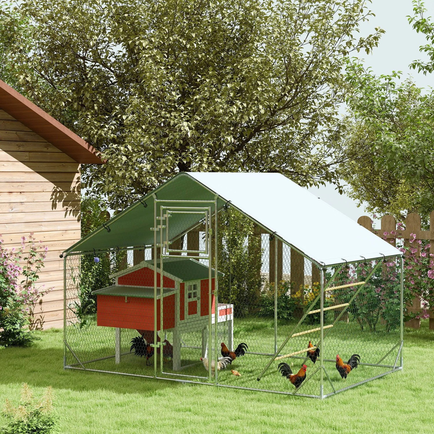 PawHut Hühnerstall mit Stahlrohrrahmen, Stahlgitter und rotem Hühnerhaus im Garten.