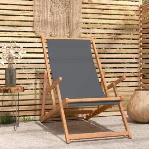 Klappbarer, grauer vidaXL Strandstuhl aus Teakholz für Garten, Strand oder Camping.