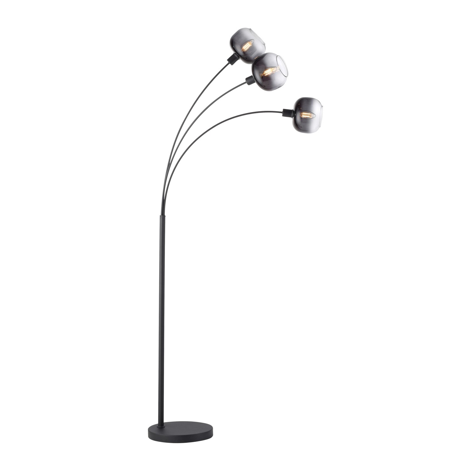 Schwarze Just Light Stehleuchte Zea mit 3 Leuchtenarmen und Rauchglas-Lampenschirmen.