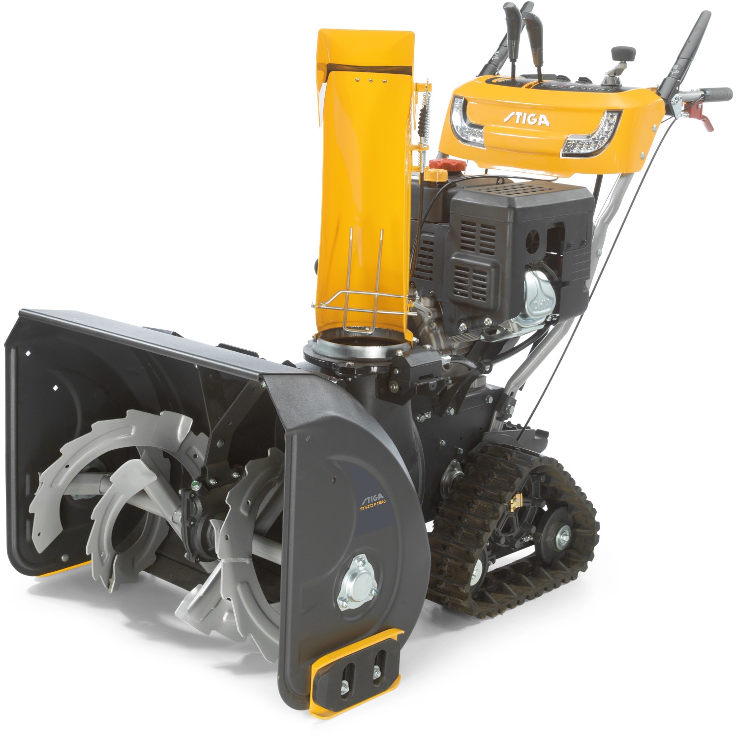 Stiga ST 6272 P TRAC Benzin-Schneefräse mit Raupenantrieb und gelbem Auswurfkanal.