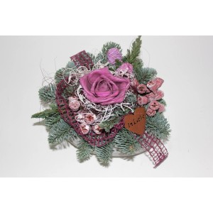 Grabgesteck mit Rose, Zement- und Metallherz, ca. 18 cm, Brombeere.