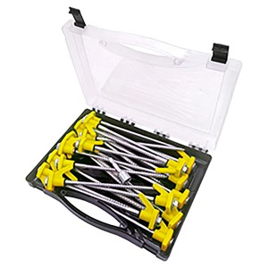 Happy People Box mit 20 Schraub-Zeltnägeln und Adapter in transparenter Box.